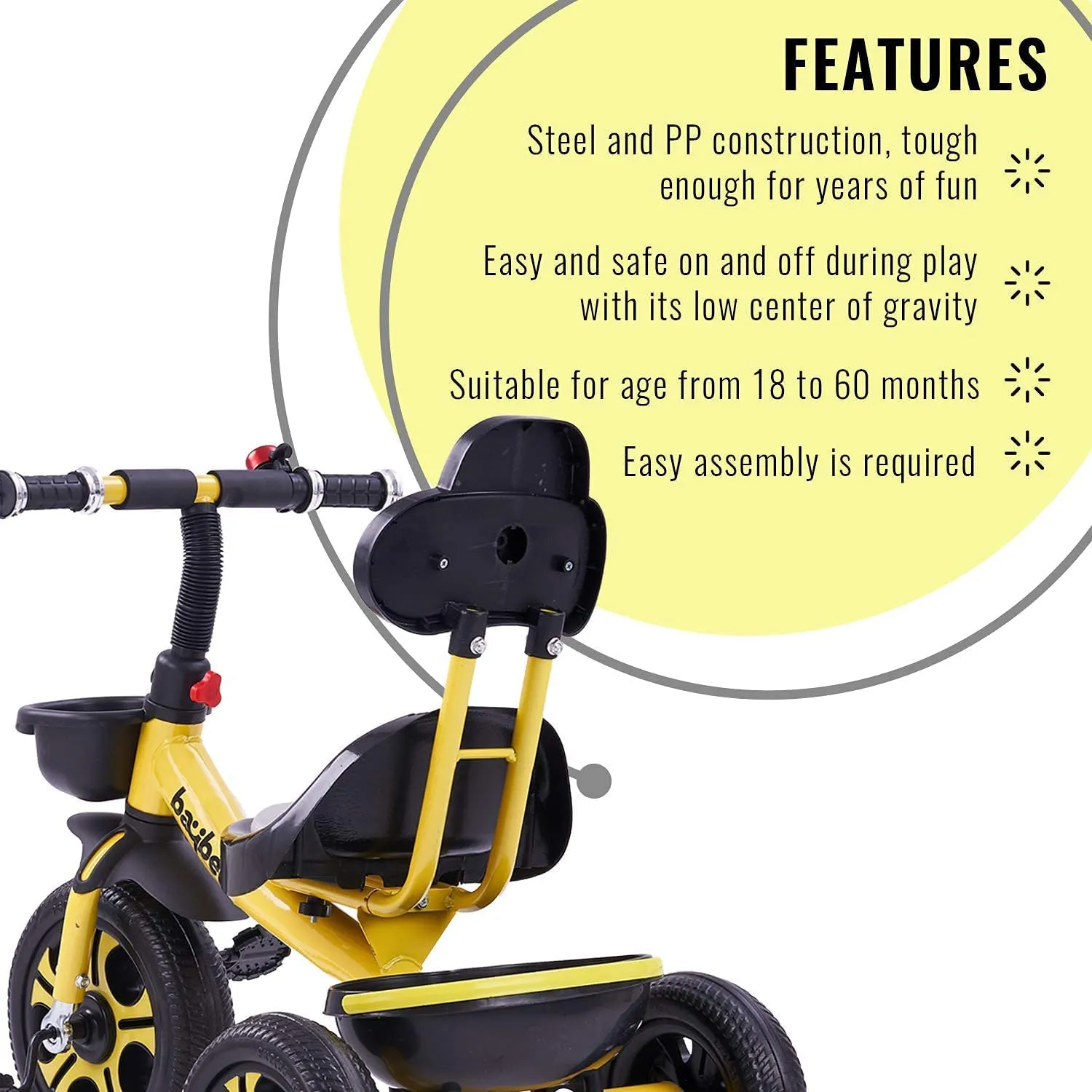Baybee Pikachu Baby Tricycle for Kids with Eva Wheels, High Backrest, Bell & Dual Storage Baskets