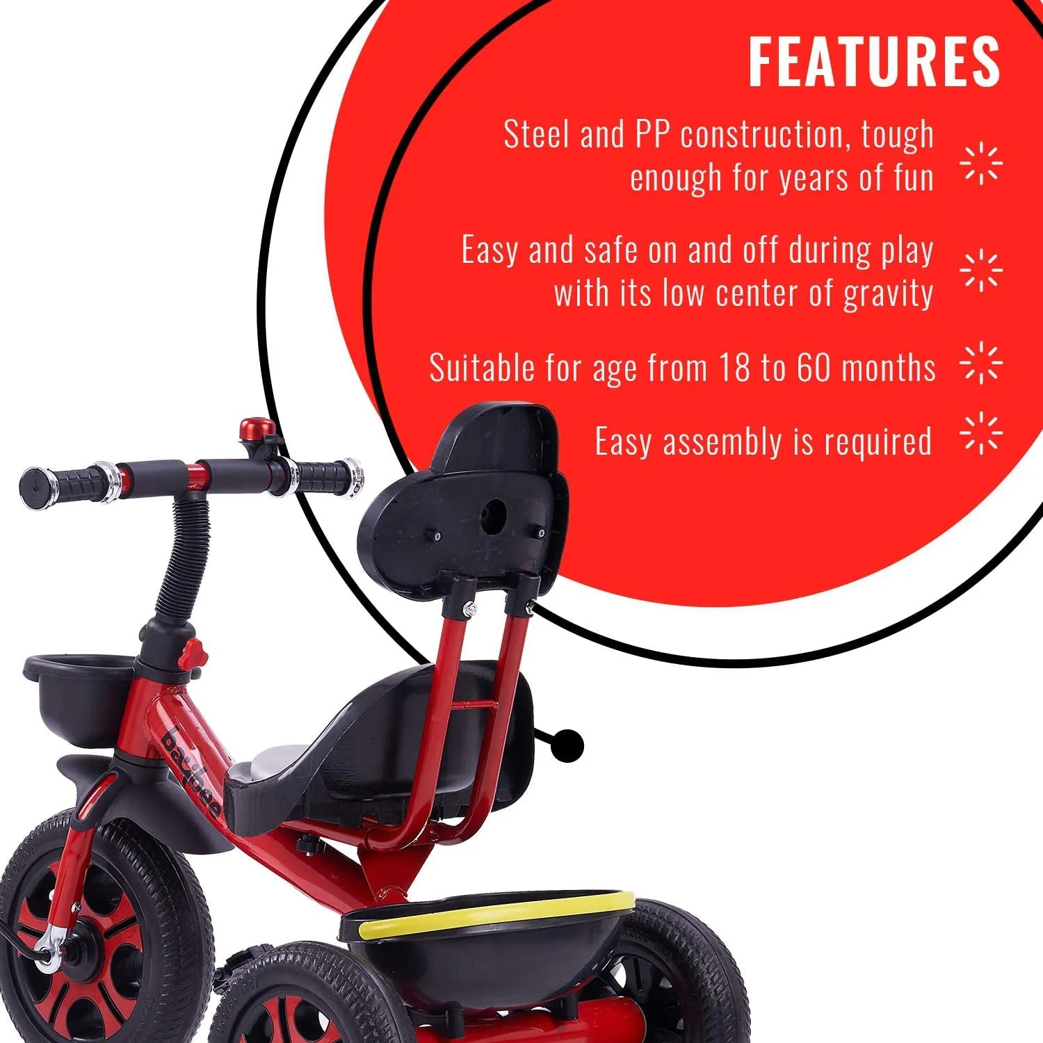 Baybee Pikachu Baby Tricycle for Kids with Eva Wheels, High Backrest, Bell & Dual Storage Baskets