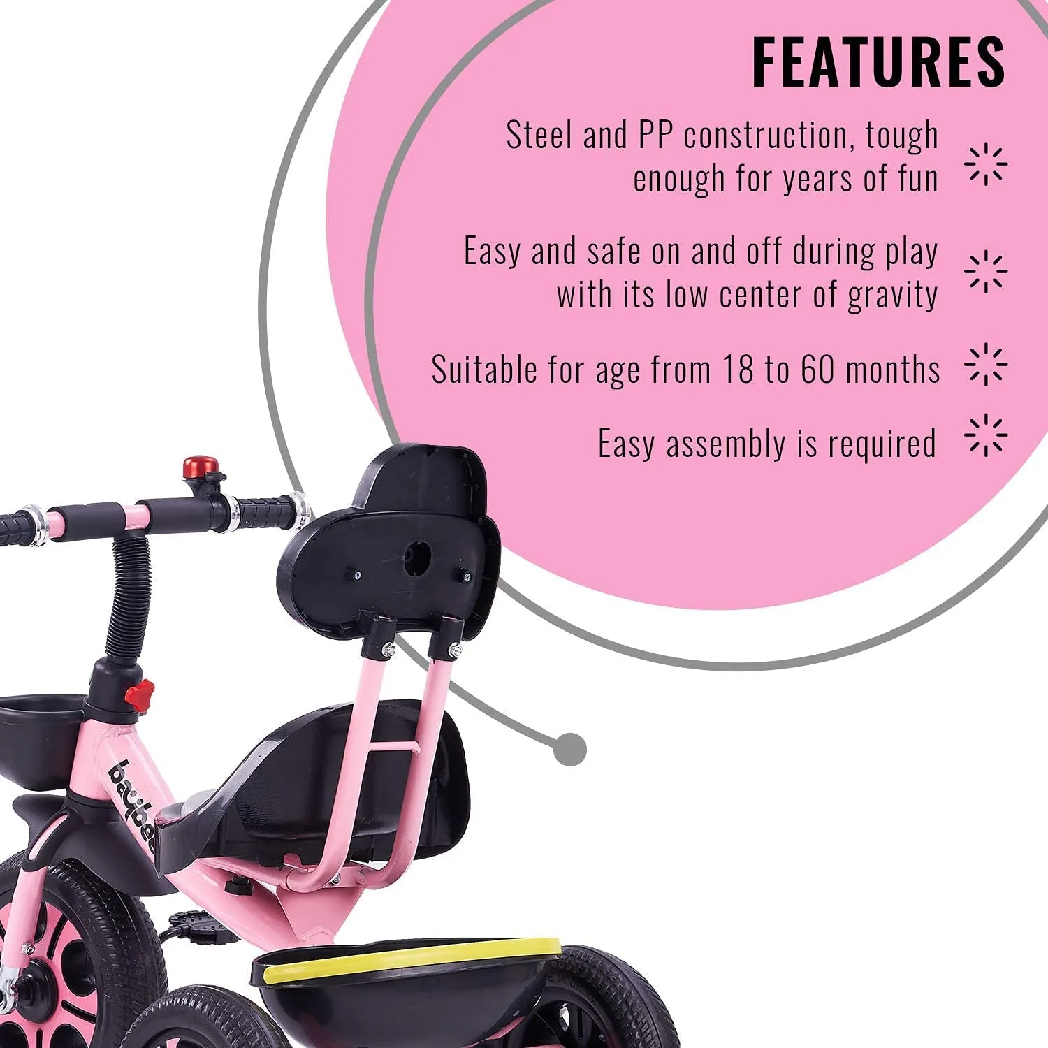 Baybee Pikachu Baby Tricycle for Kids with Eva Wheels, High Backrest, Bell & Dual Storage Baskets