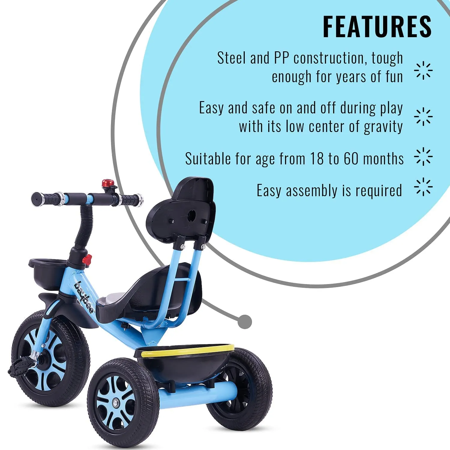 Baybee Pikachu Baby Tricycle for Kids with Eva Wheels, High Backrest, Bell & Dual Storage Baskets