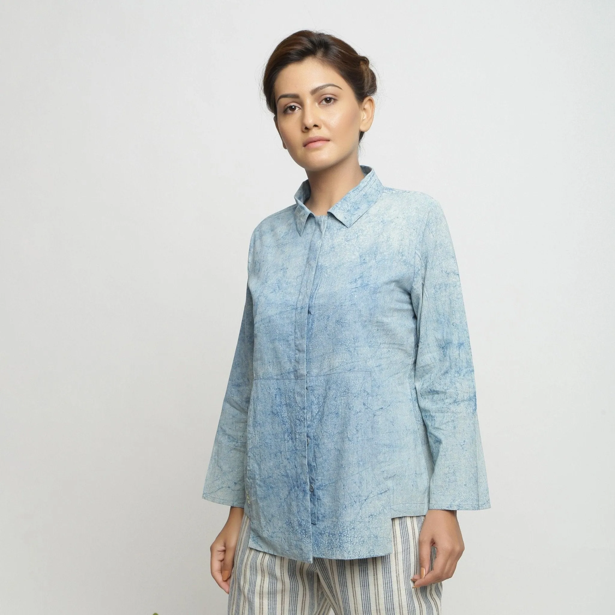 Blue Dabu Printed Natural Dyed Cotton Button-Down Top