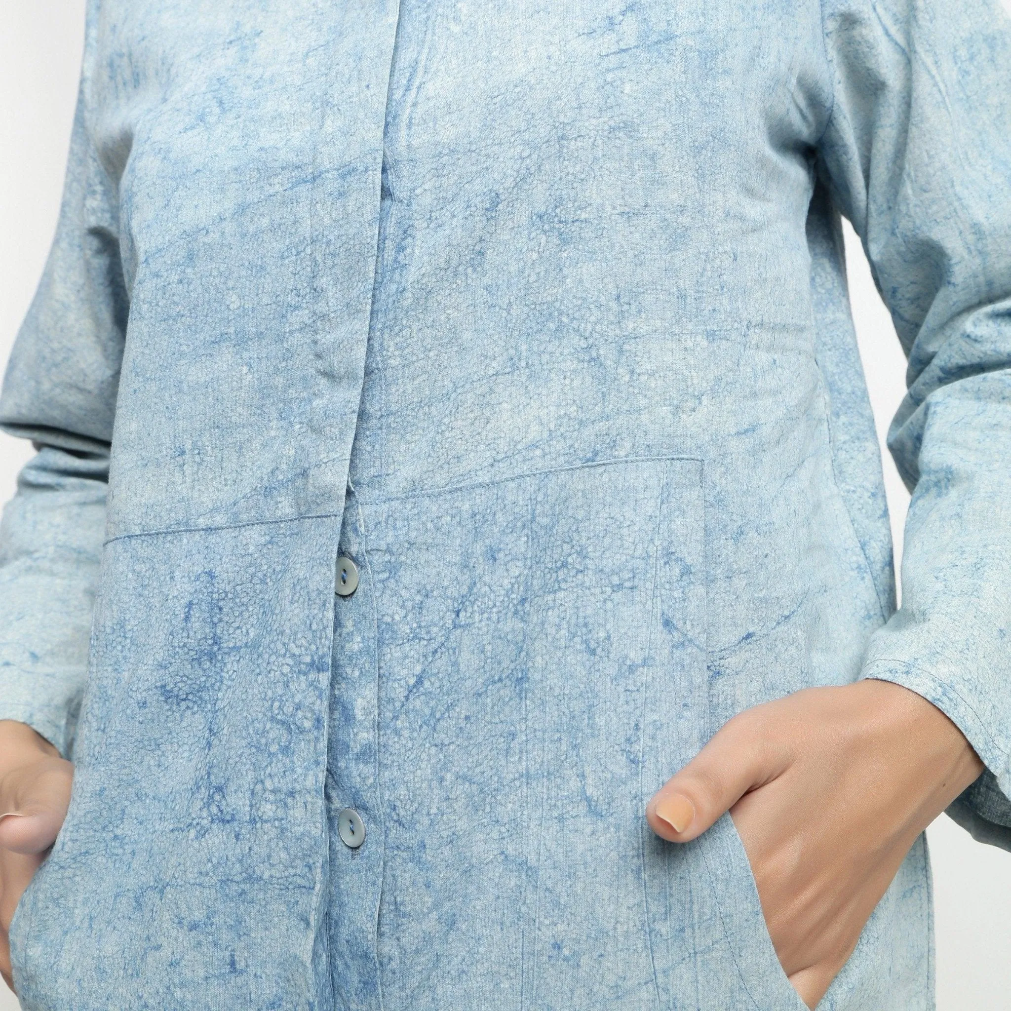 Blue Dabu Printed Natural Dyed Cotton Button-Down Top