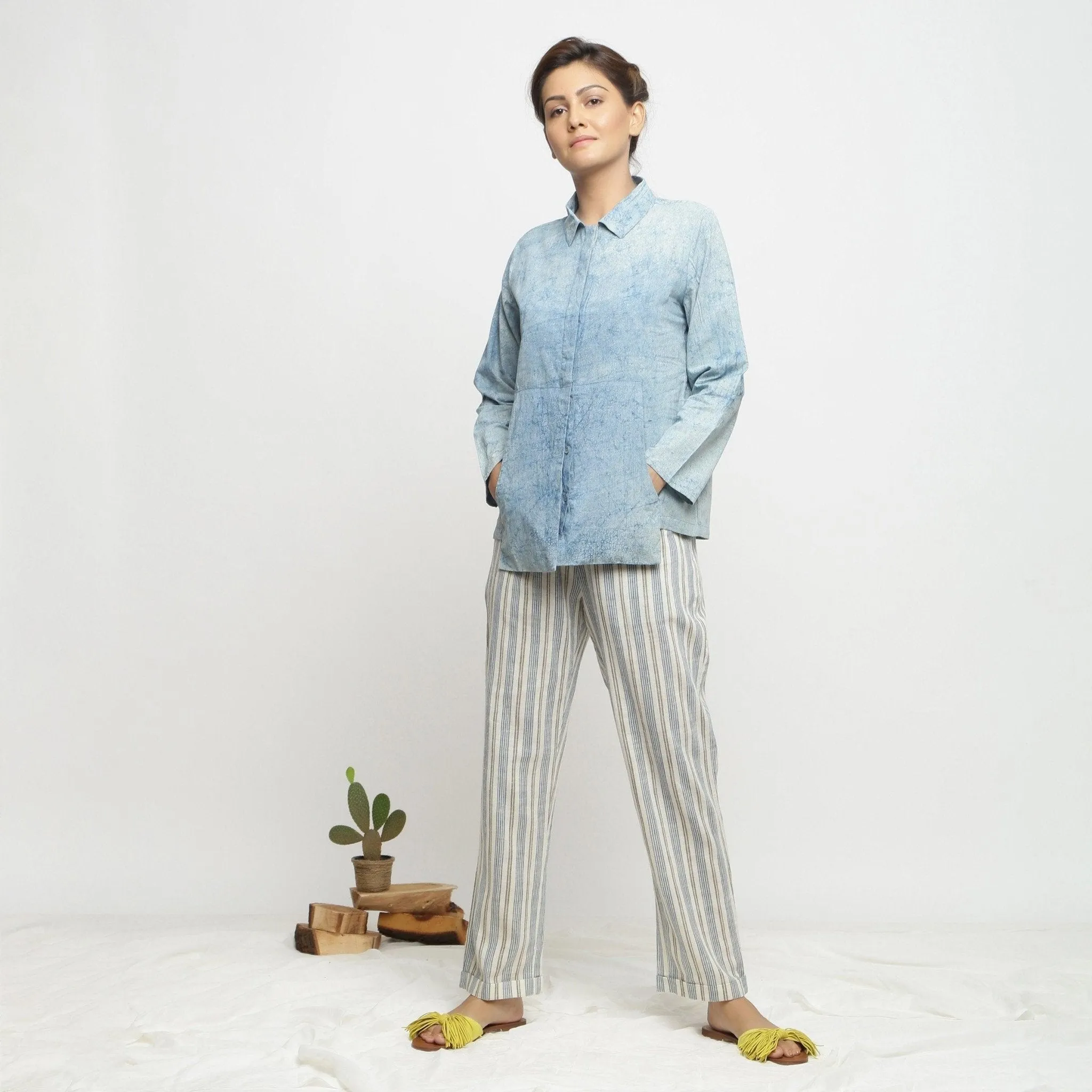 Blue Dabu Printed Natural Dyed Cotton Button-Down Top