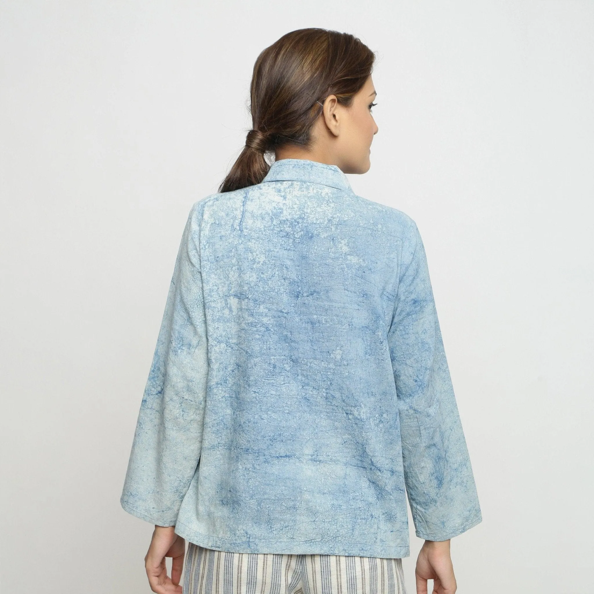 Blue Dabu Printed Natural Dyed Cotton Button-Down Top