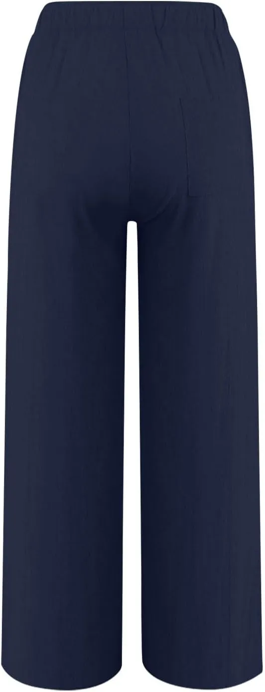 Casual Pants for Women Linen Cotton Blend Elastic Waist Pants Loose Fit Wide Leg Lightweight Ankle Trousers