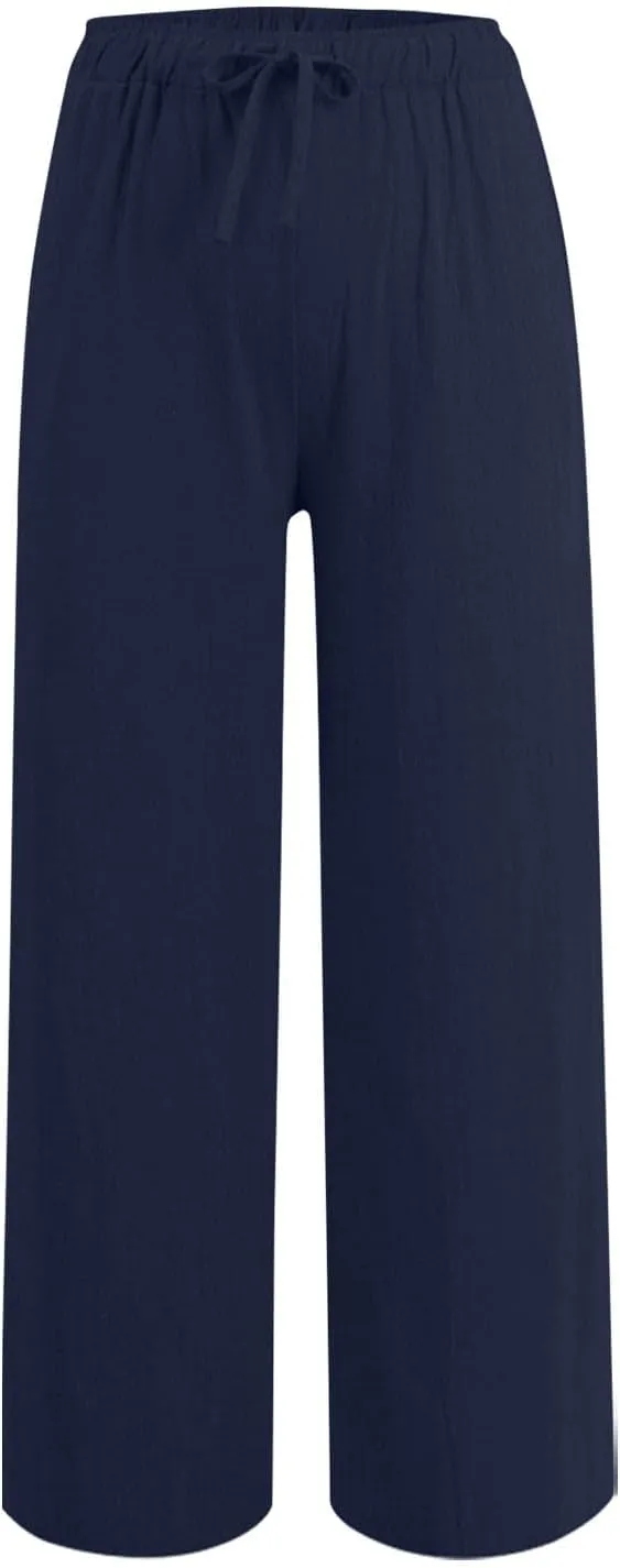 Casual Pants for Women Linen Cotton Blend Elastic Waist Pants Loose Fit Wide Leg Lightweight Ankle Trousers