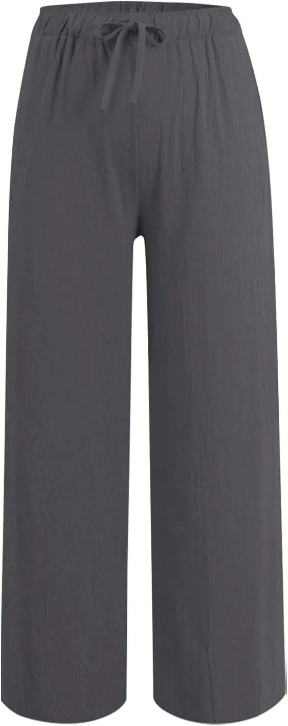 Casual Pants for Women Linen Cotton Blend Elastic Waist Pants Loose Fit Wide Leg Lightweight Ankle Trousers