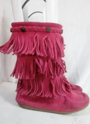 EUC Girls MINNETONKA Suede Fringe Ankle Boots Booties Moccasin Hippie 3 PINK Shoes