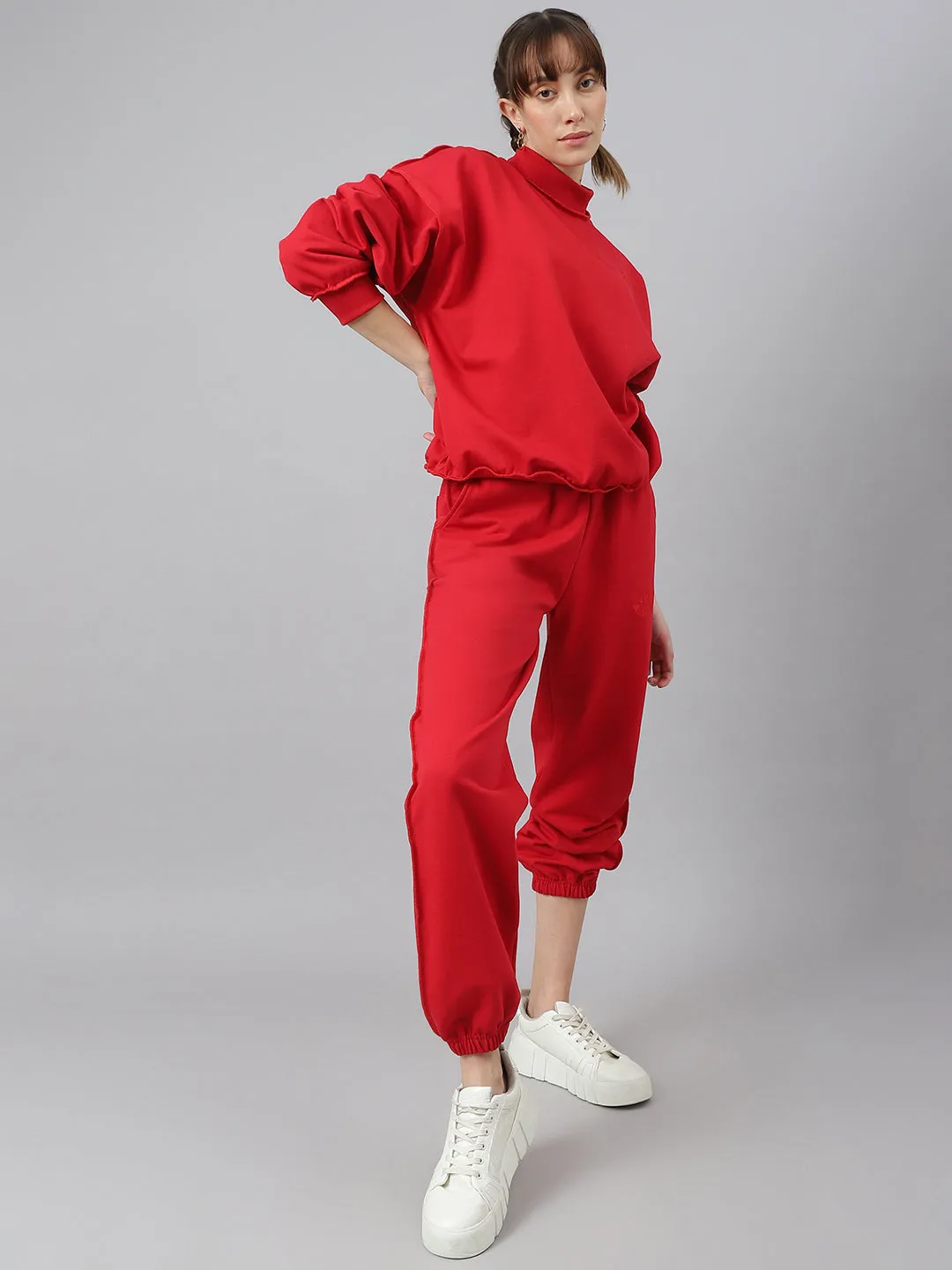 Fitkin Women Red Solid Oversized Designer Fleece Jogger Pants