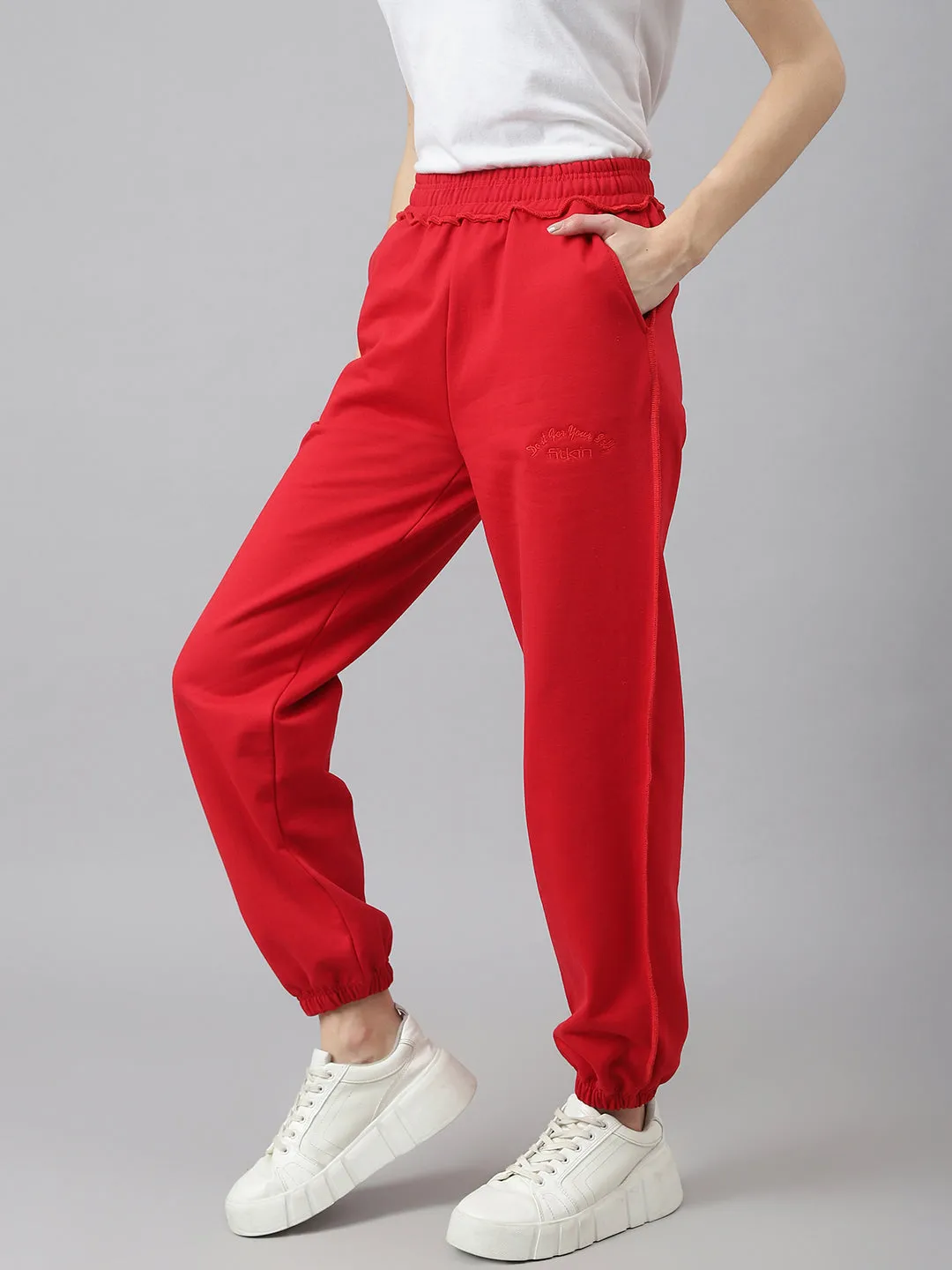 Fitkin Women Red Solid Oversized Designer Fleece Jogger Pants