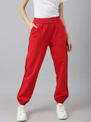 Fitkin Women Red Solid Oversized Designer Fleece Jogger Pants