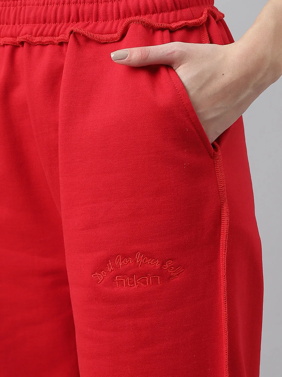 Fitkin Women Red Solid Oversized Designer Fleece Jogger Pants