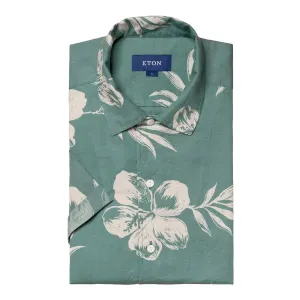 Green Hibiscus Print Linen Resort Short Sleeve Shirt
