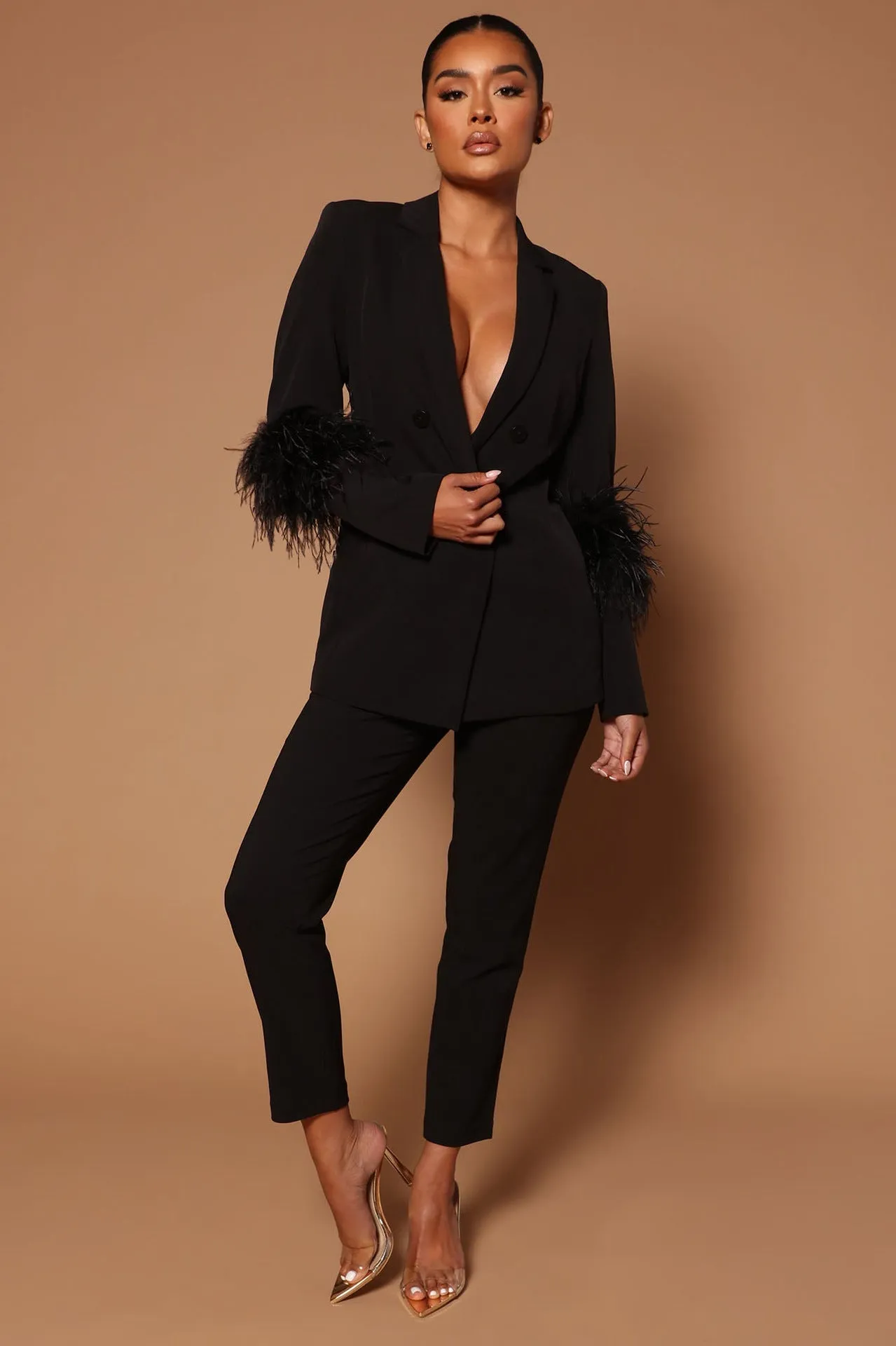 Ivyshape | Blazer with Feathers and Trouser Pants Set for Women