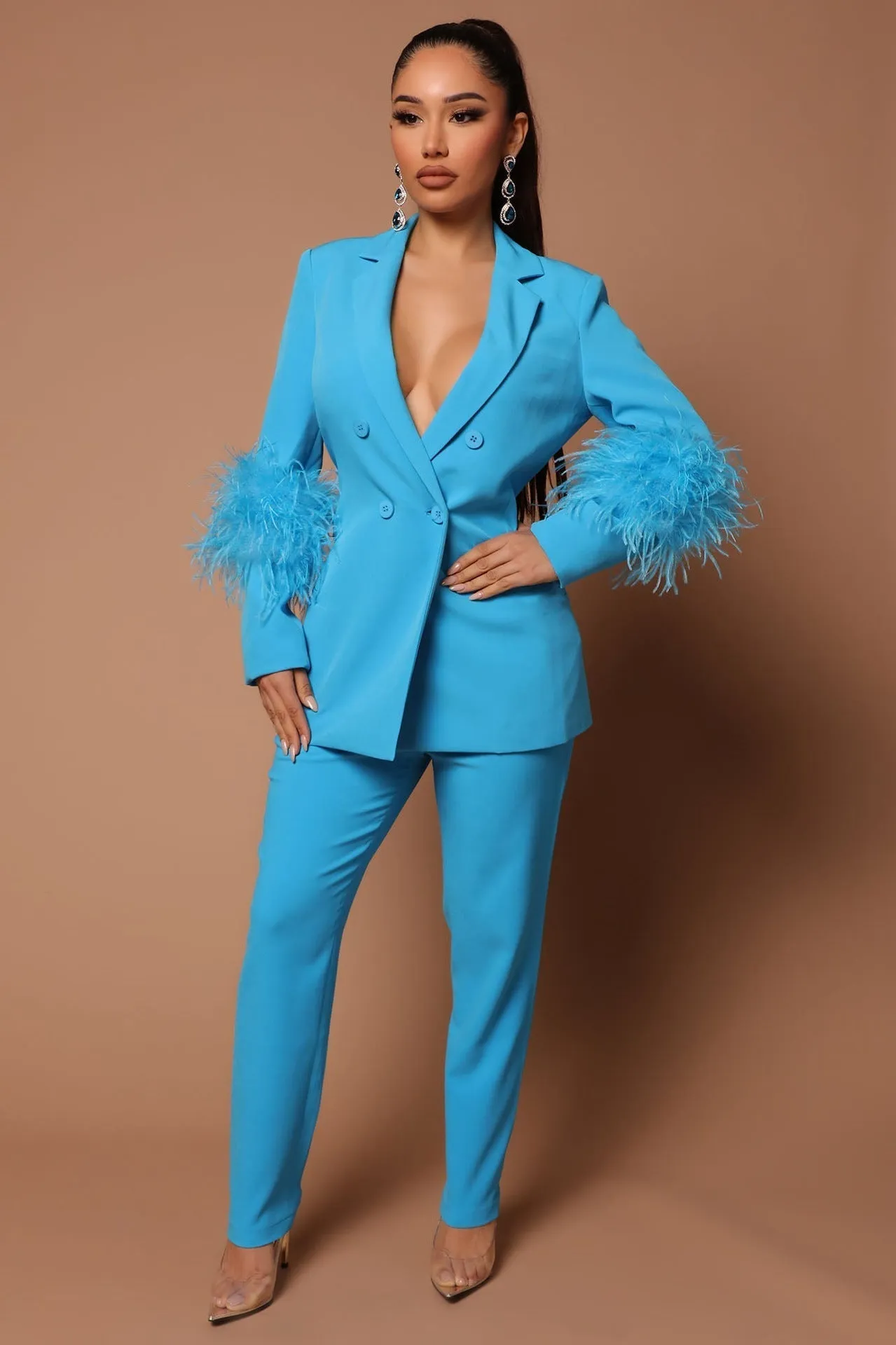 Ivyshape | Blazer with Feathers and Trouser Pants Set for Women