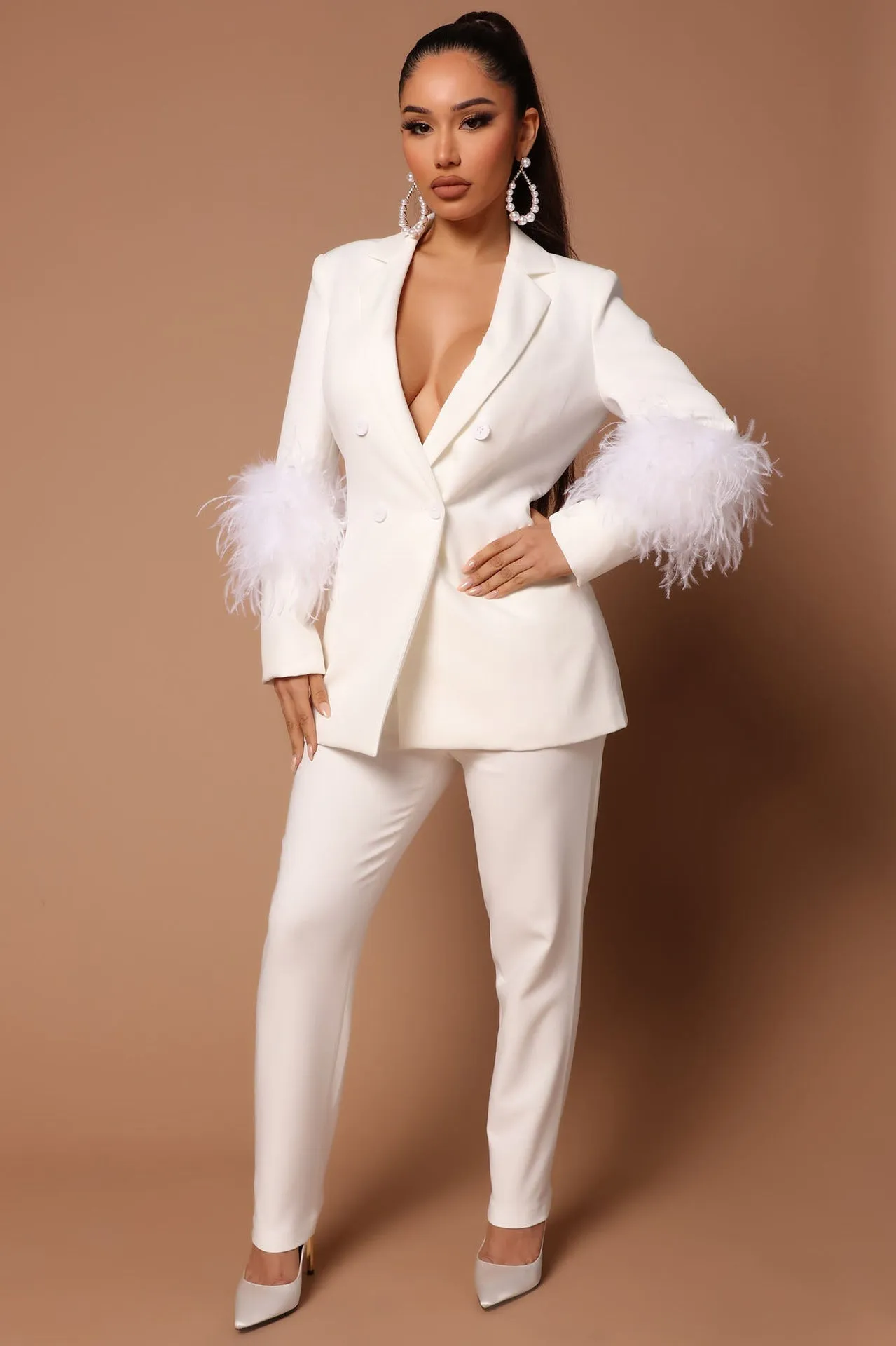 Ivyshape | Blazer with Feathers and Trouser Pants Set for Women
