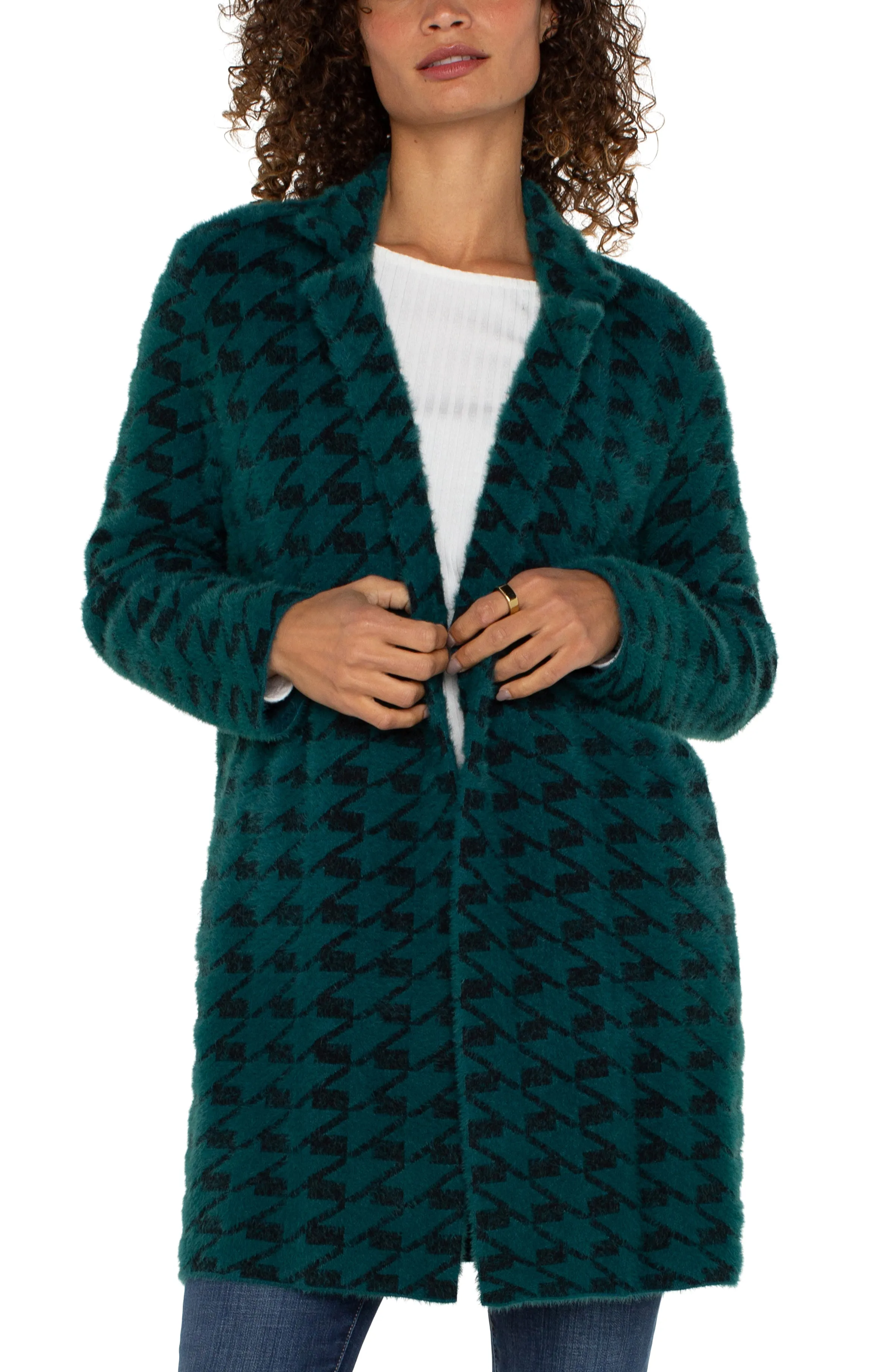 Liverpool Open Front Coatigan Sweater In Dark Forest Houndstooth