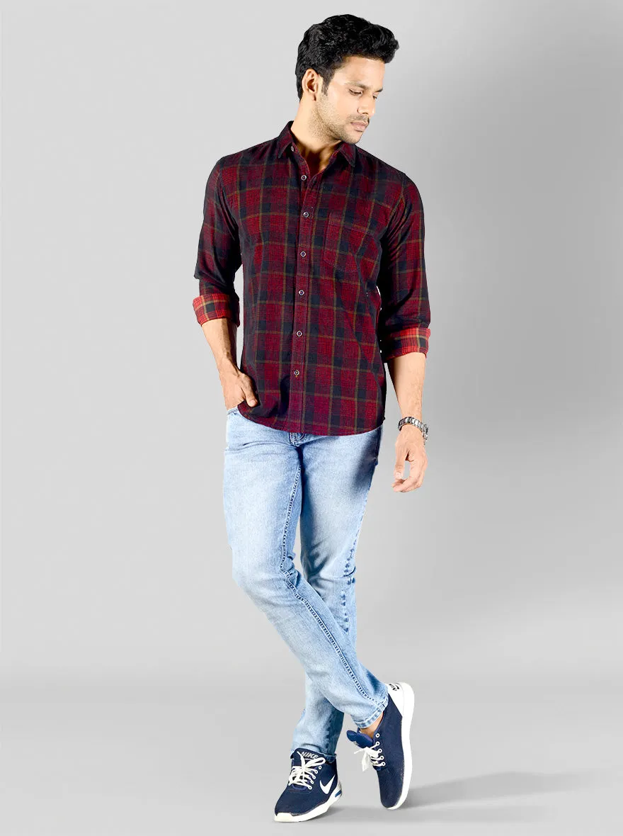 Maroon & Navy Blue Checked Slim Fit Casual Shirt | JadeBlue