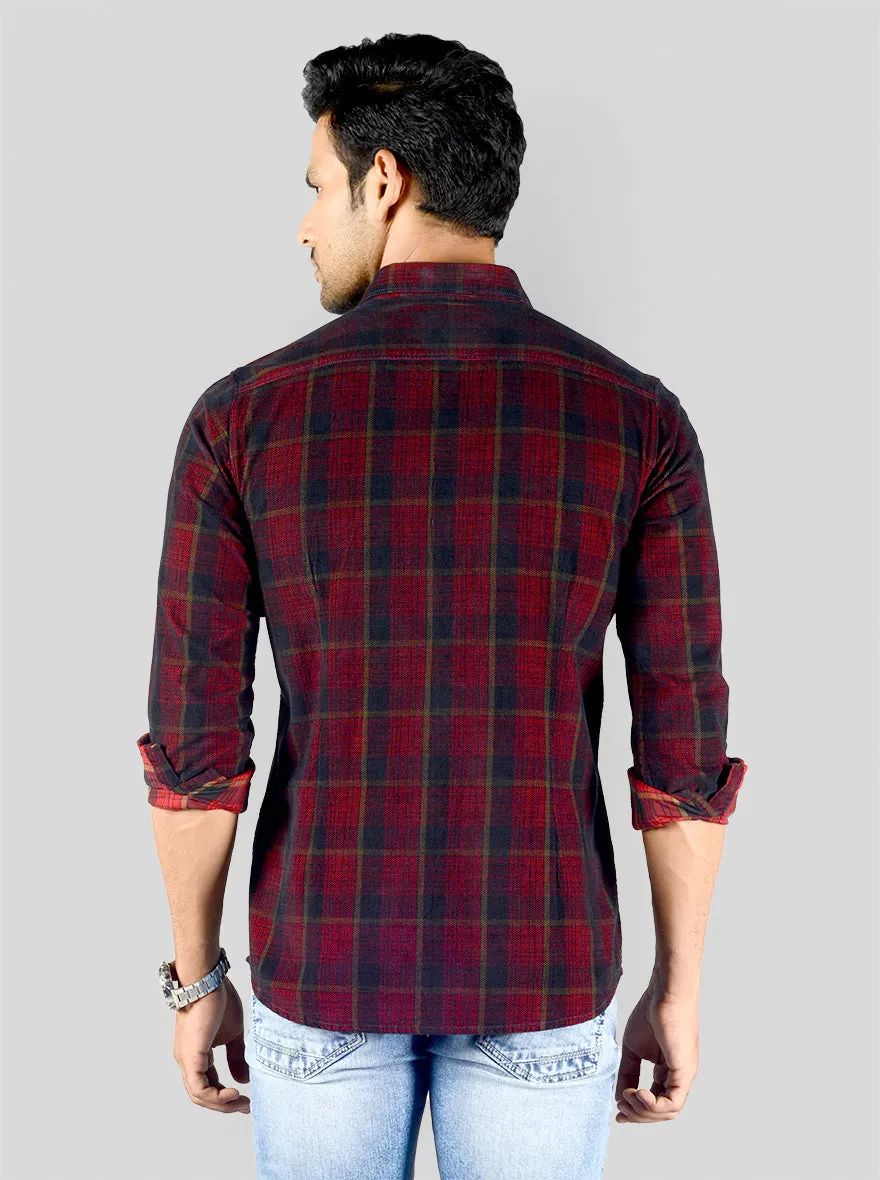 Maroon & Navy Blue Checked Slim Fit Casual Shirt | JadeBlue