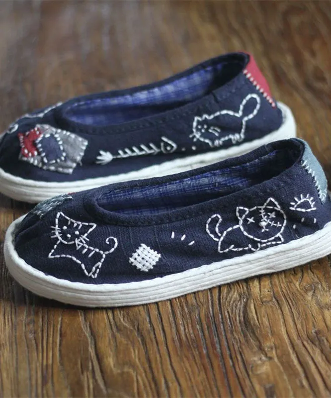Navy Flat Feet Shoes Cotton Fabric Comfortable Splicing Cartoon Embroidery LY4354