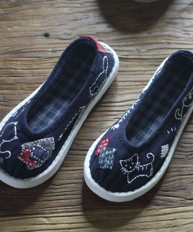 Navy Flat Feet Shoes Cotton Fabric Comfortable Splicing Cartoon Embroidery LY4354