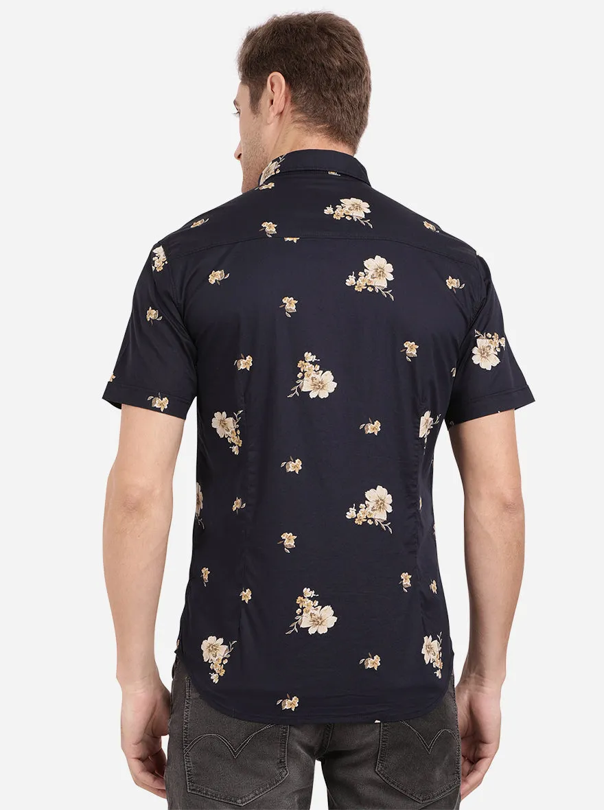 Night Blue Printed Slim Fit Semi Casual Shirt | Greenfibre