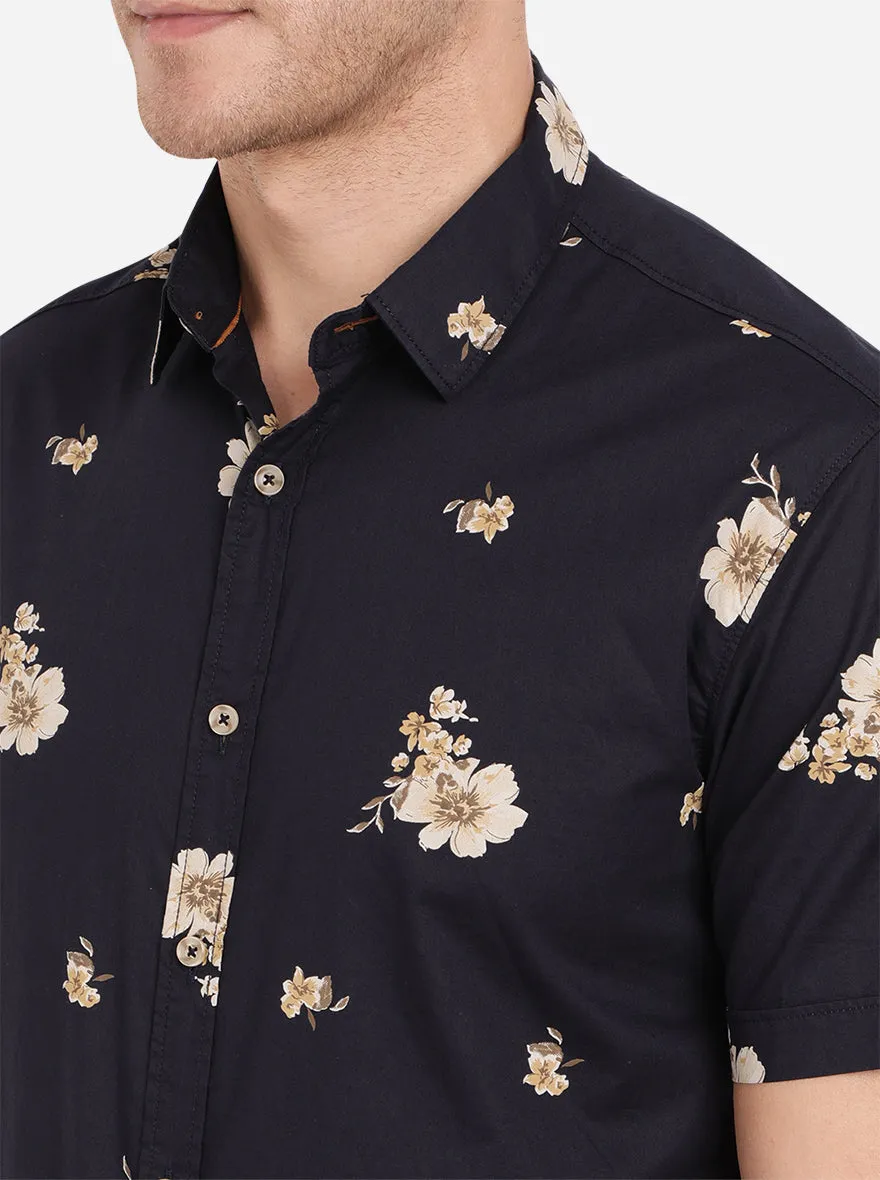 Night Blue Printed Slim Fit Semi Casual Shirt | Greenfibre