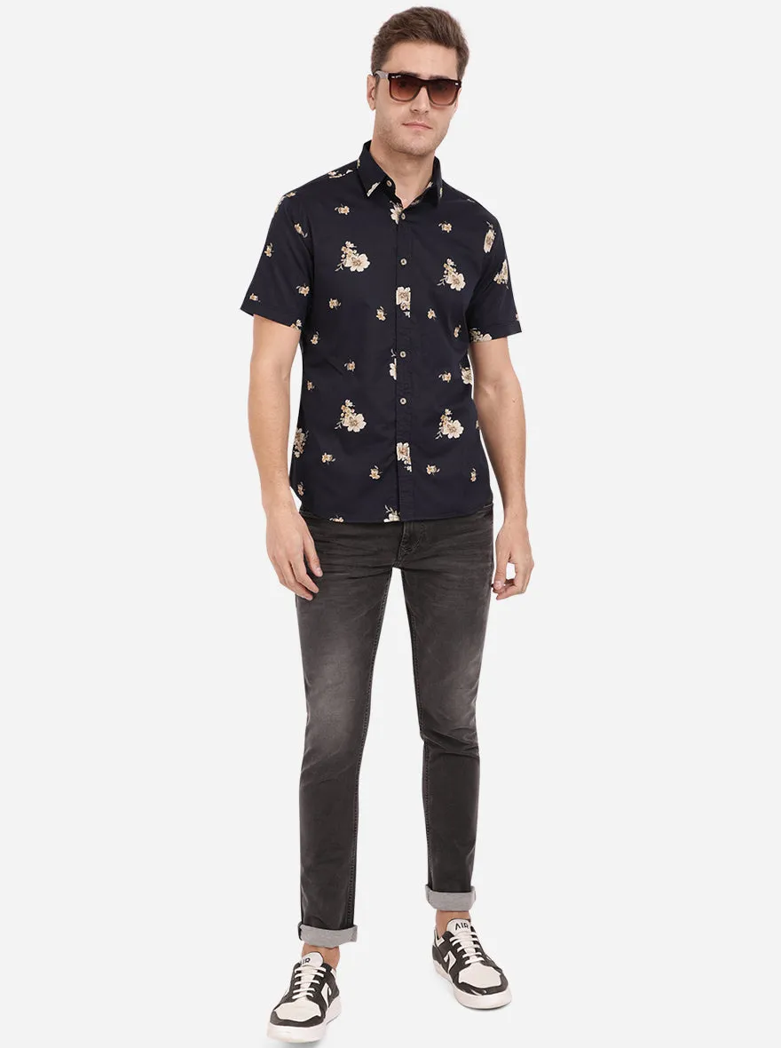 Night Blue Printed Slim Fit Semi Casual Shirt | Greenfibre