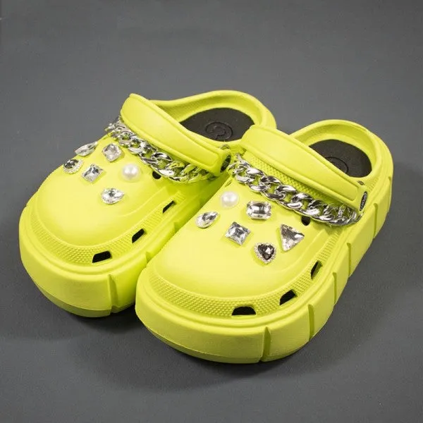 Purpdrank - Fluorescent Yellow Casual Daily Hollowed Out Patchwork Chains Round Comfortable Shoes