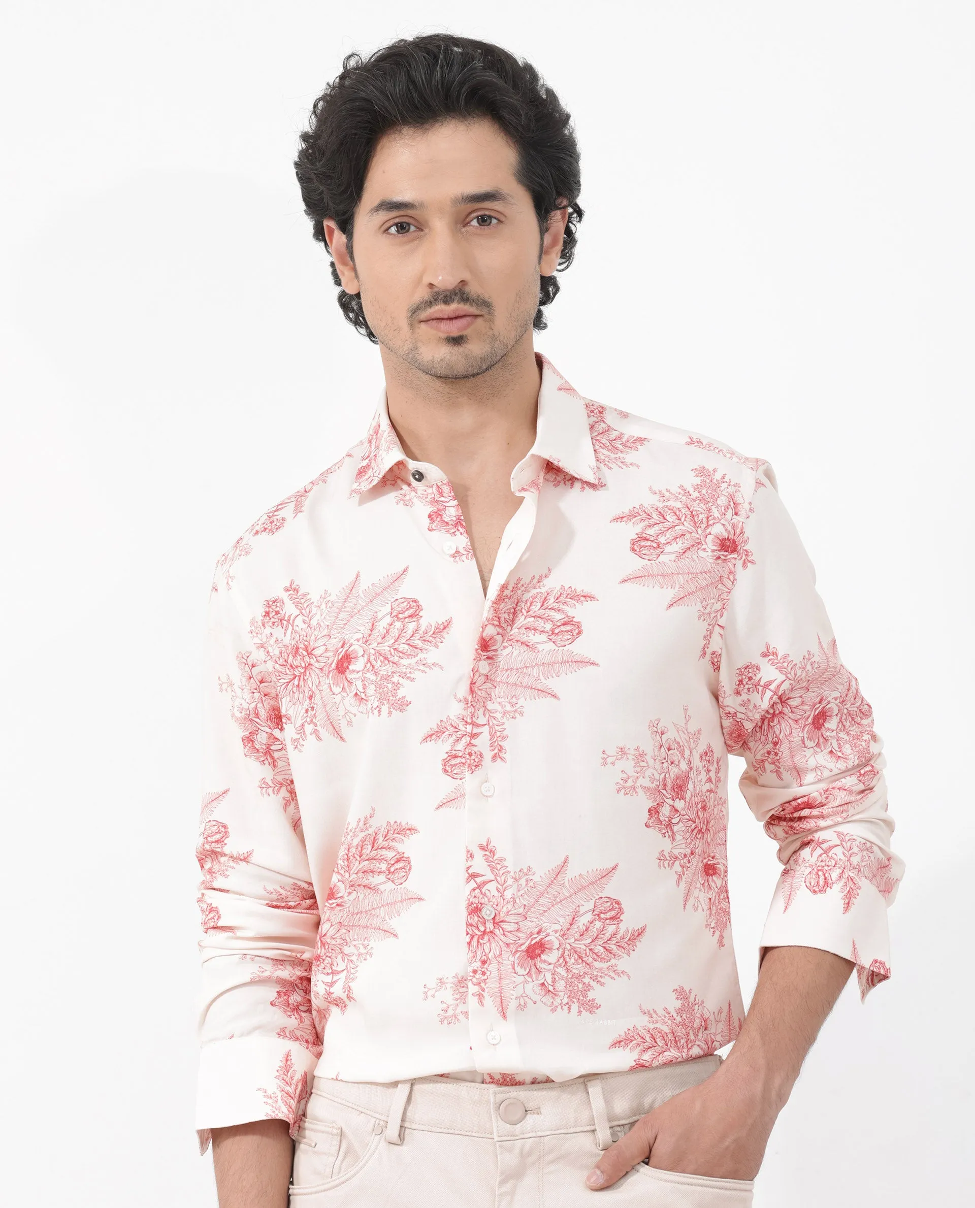 Rare Rabbit Mens Grim Peach Regular Fit Floral Print Viscose Fabric Full Sleeve Shirt