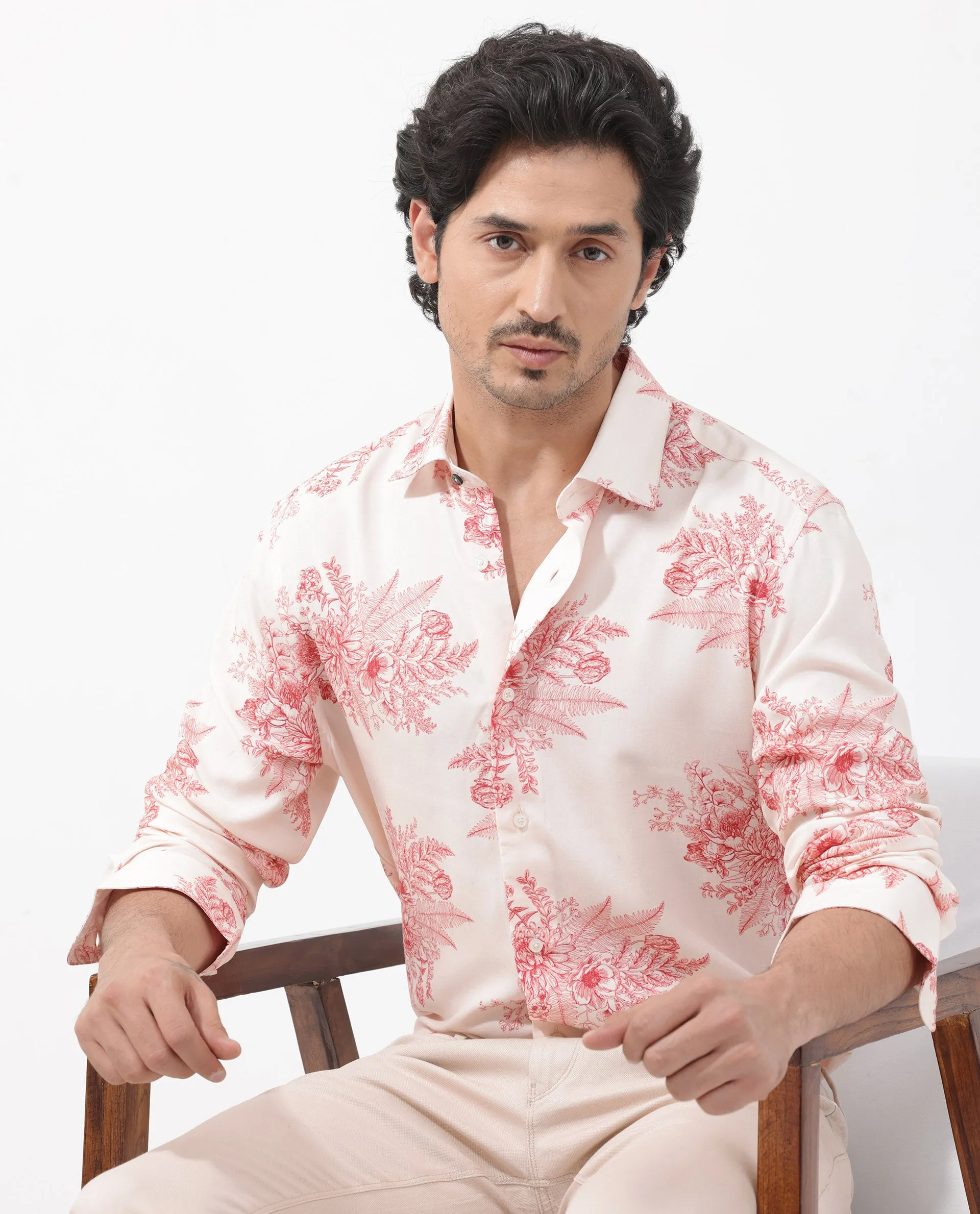 Rare Rabbit Mens Grim Peach Regular Fit Floral Print Viscose Fabric Full Sleeve Shirt