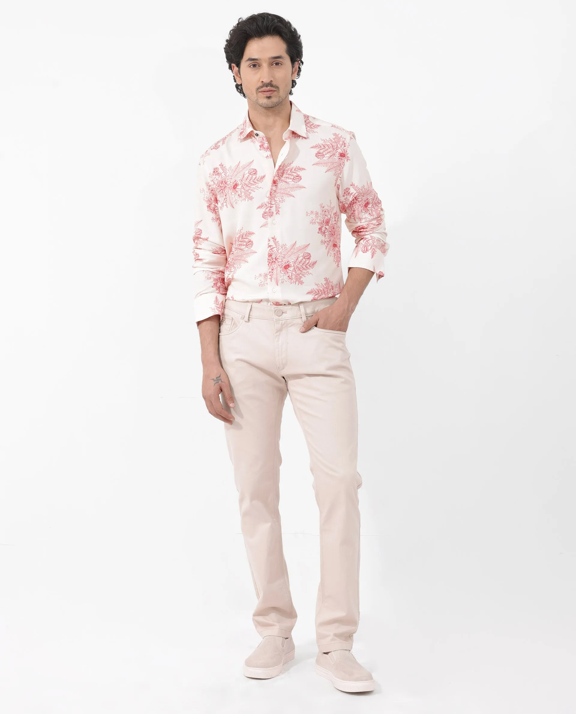 Rare Rabbit Mens Grim Peach Regular Fit Floral Print Viscose Fabric Full Sleeve Shirt