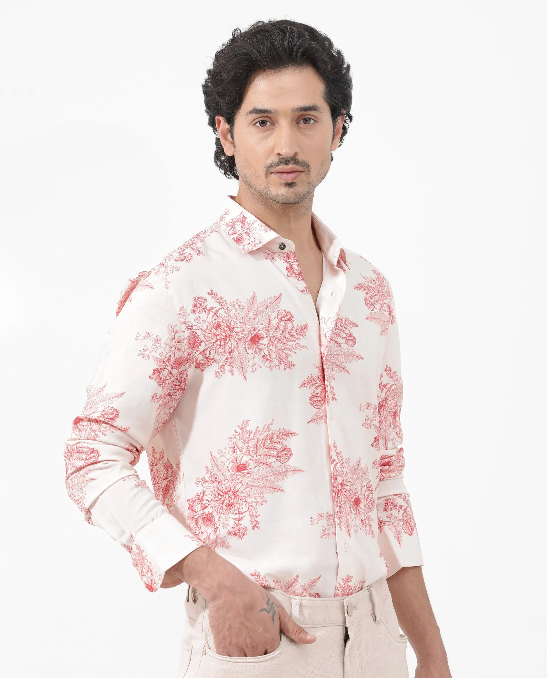 Rare Rabbit Mens Grim Peach Regular Fit Floral Print Viscose Fabric Full Sleeve Shirt