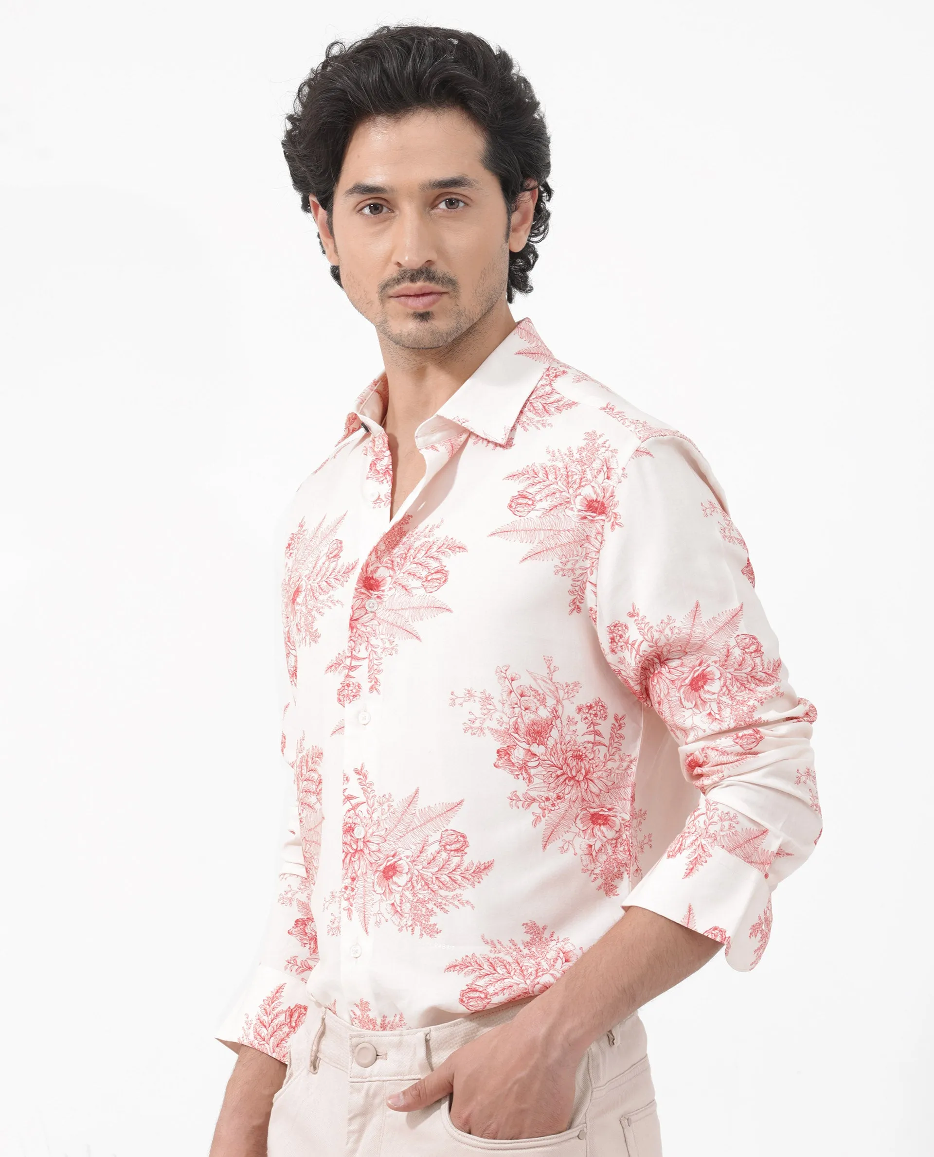 Rare Rabbit Mens Grim Peach Regular Fit Floral Print Viscose Fabric Full Sleeve Shirt