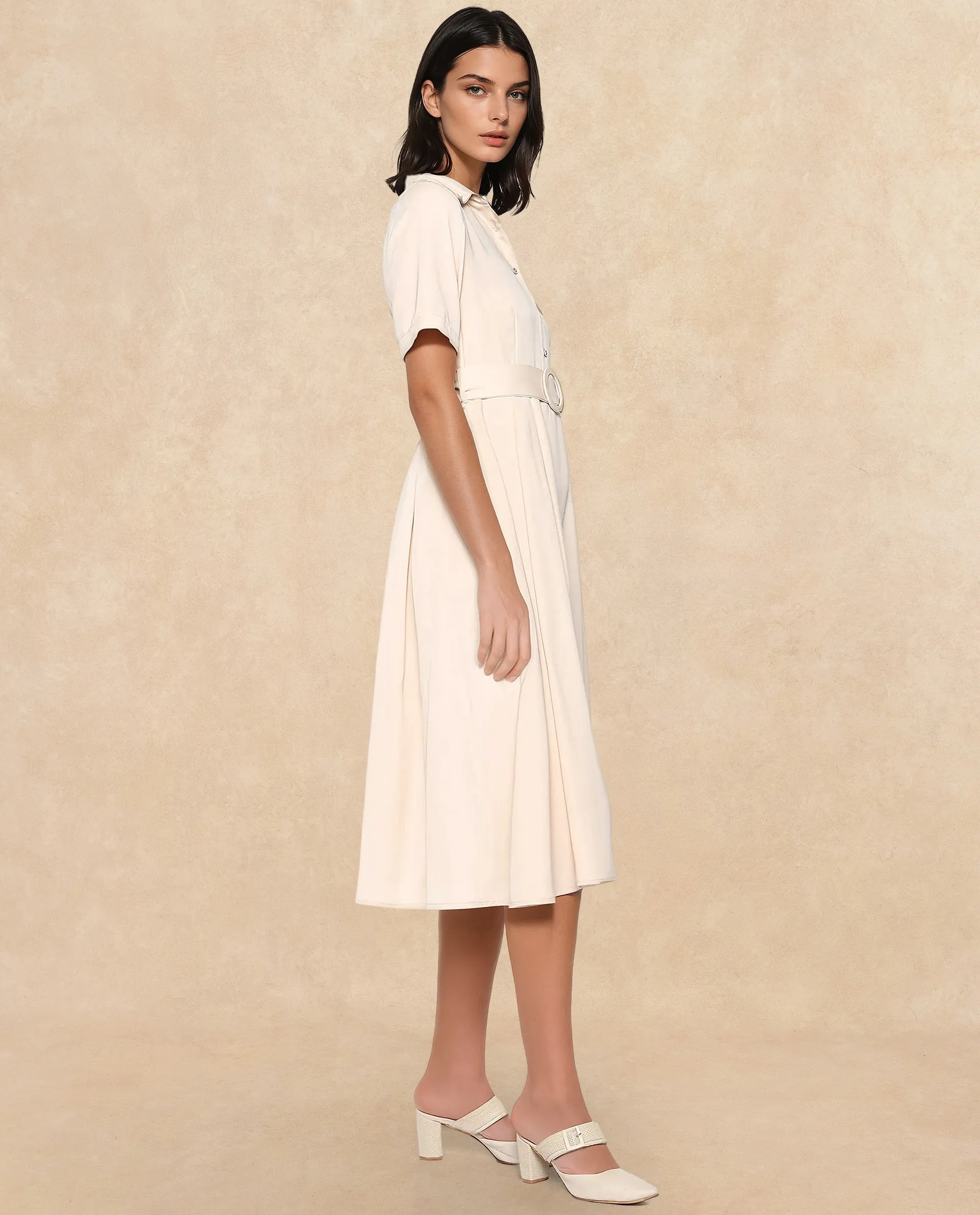 Rareism Women Enbarry Off White Satin Fabric Boxy Sleeve Collared Neck Button Closure Fit And Flare Midi Plain Dress