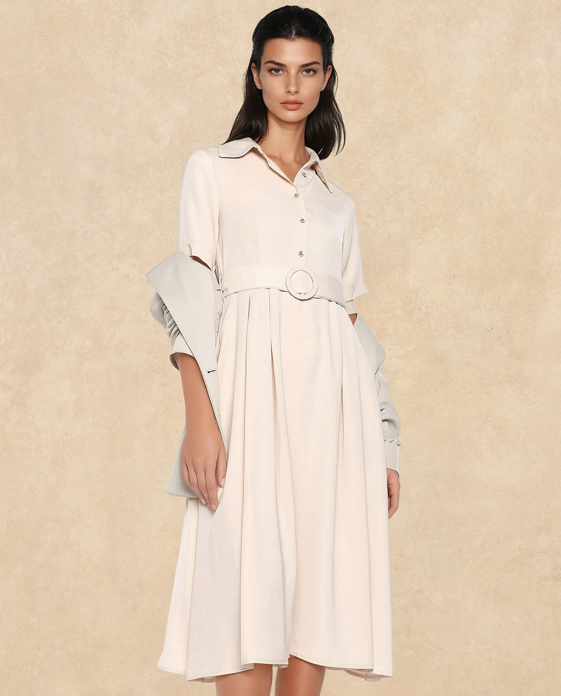 Rareism Women Enbarry Off White Satin Fabric Boxy Sleeve Collared Neck Button Closure Fit And Flare Midi Plain Dress