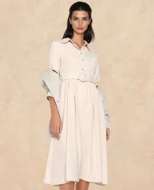 Rareism Women Enbarry Off White Satin Fabric Boxy Sleeve Collared Neck Button Closure Fit And Flare Midi Plain Dress