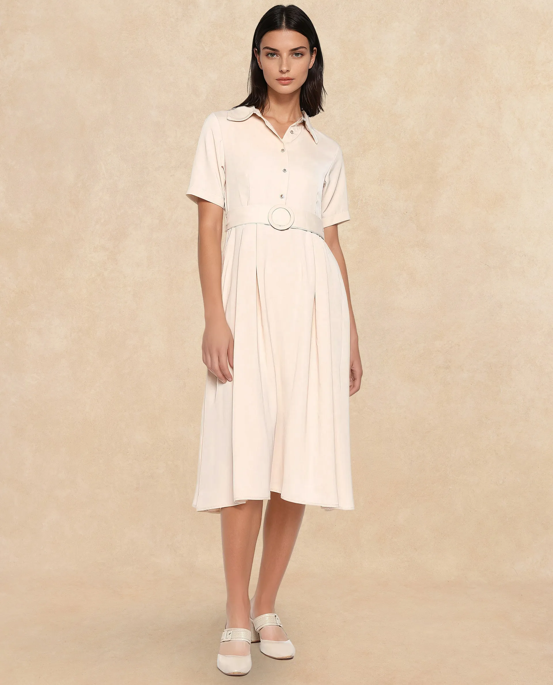 Rareism Women Enbarry Off White Satin Fabric Boxy Sleeve Collared Neck Button Closure Fit And Flare Midi Plain Dress