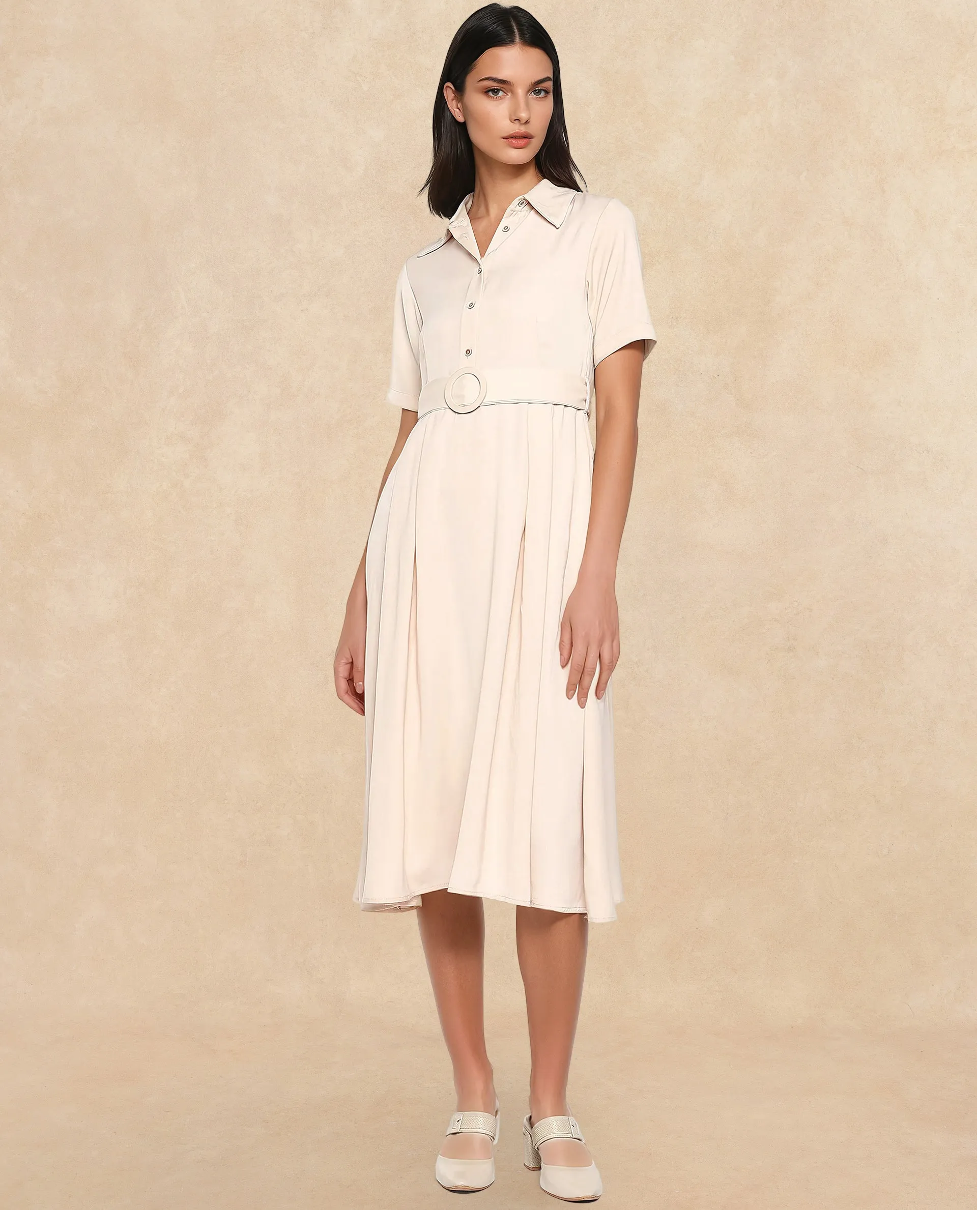 Rareism Women Enbarry Off White Satin Fabric Boxy Sleeve Collared Neck Button Closure Fit And Flare Midi Plain Dress