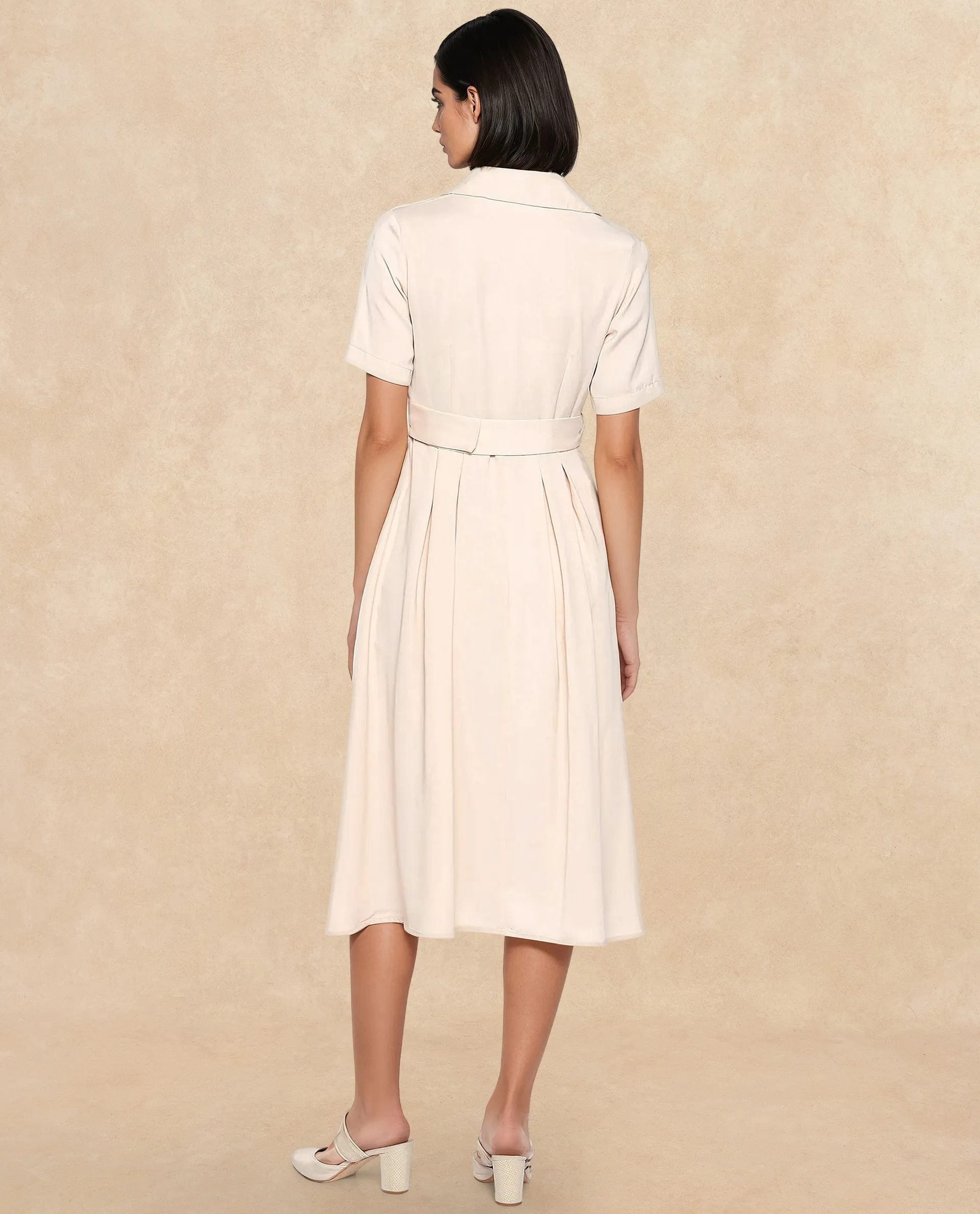 Rareism Women Enbarry Off White Satin Fabric Boxy Sleeve Collared Neck Button Closure Fit And Flare Midi Plain Dress