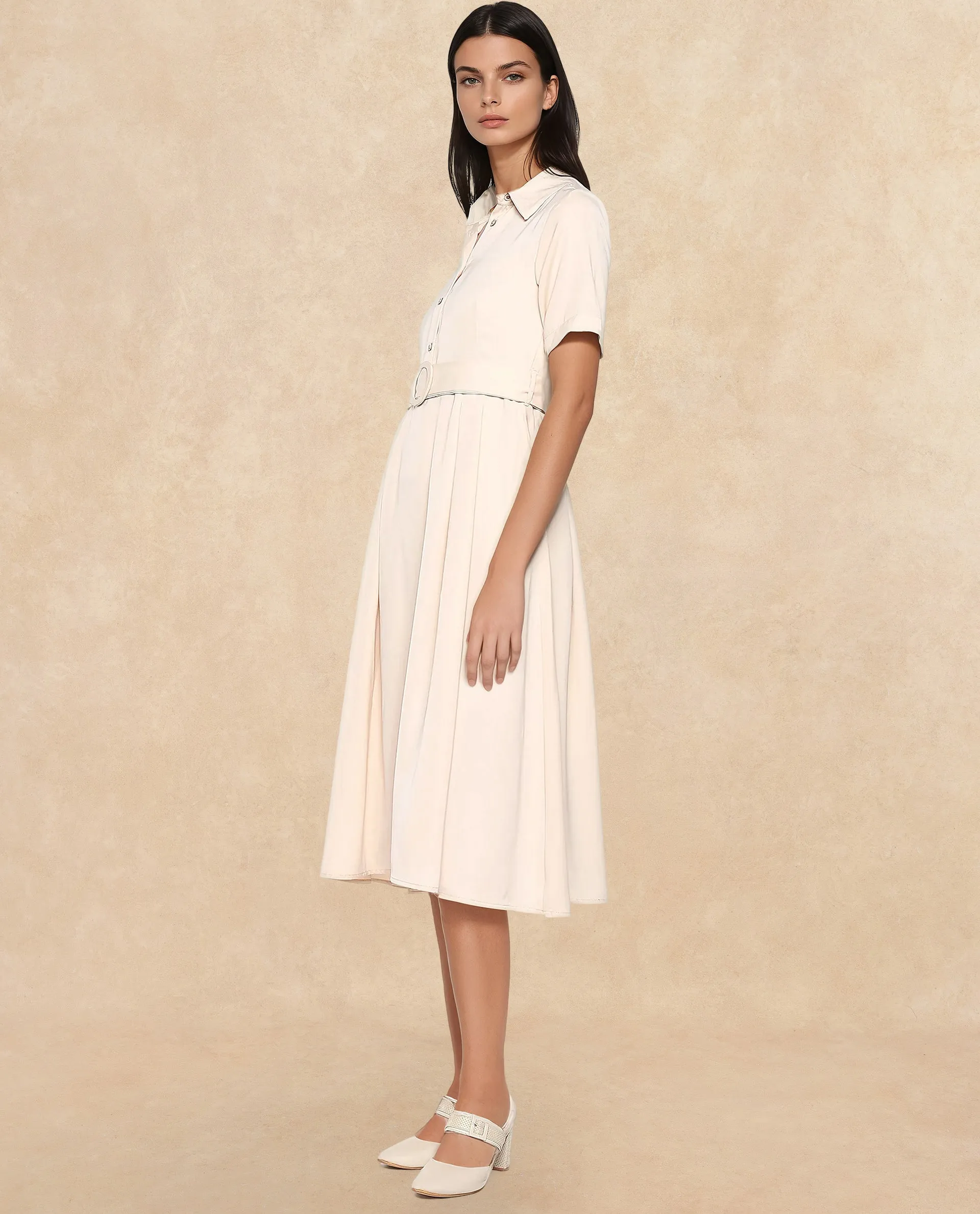 Rareism Women Enbarry Off White Satin Fabric Boxy Sleeve Collared Neck Button Closure Fit And Flare Midi Plain Dress