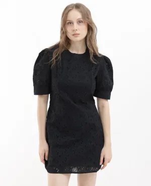 Rareism Women Phillips Black Cotton Fabric Short Sleeves Button Closure Round Neck Puff Sleeve Regular Fit Plain Mini A-Line Dress