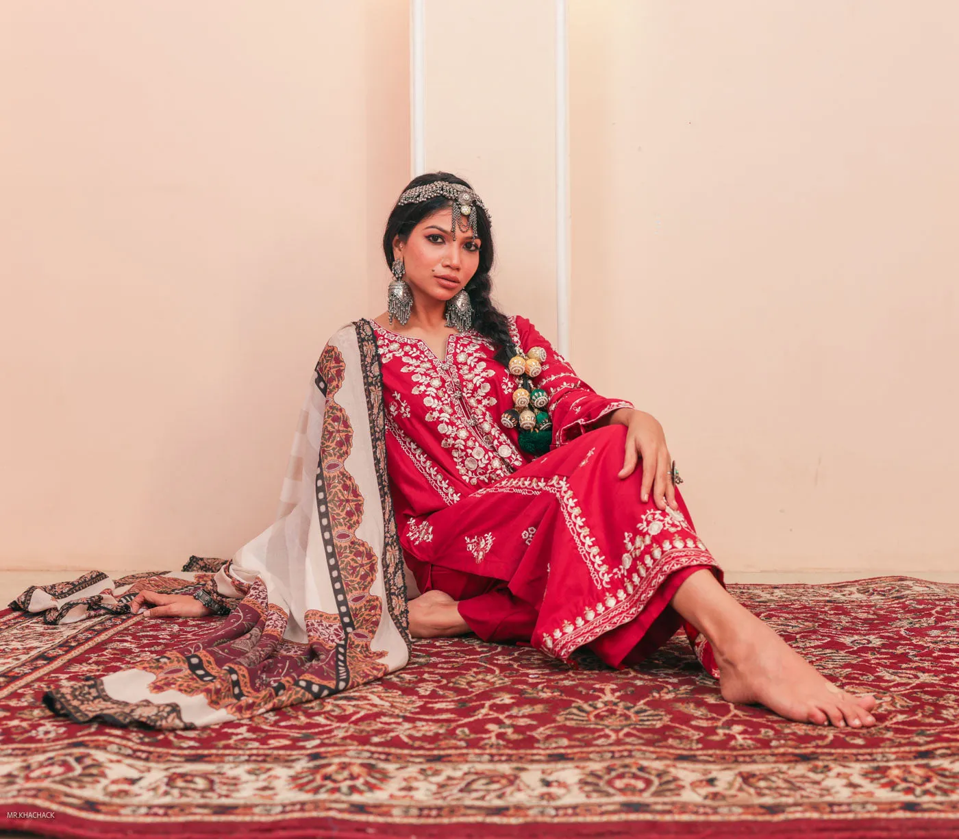 Red Lawn  Embroidered Kurta Set with Dupatta