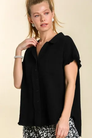 Umgee Short Sleeve Collared Button Up Top with Frayed Hem in Black