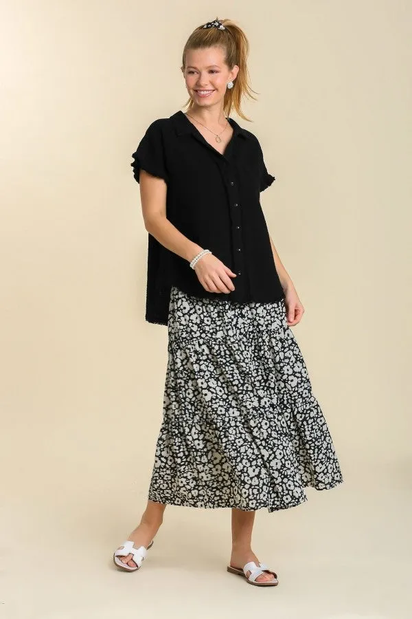 Umgee Short Sleeve Collared Button Up Top with Frayed Hem in Black