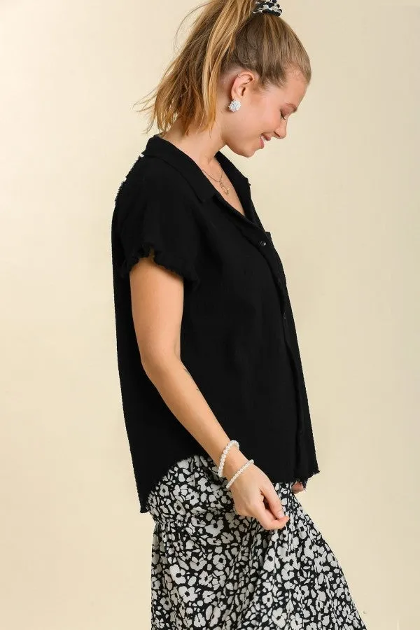 Umgee Short Sleeve Collared Button Up Top with Frayed Hem in Black