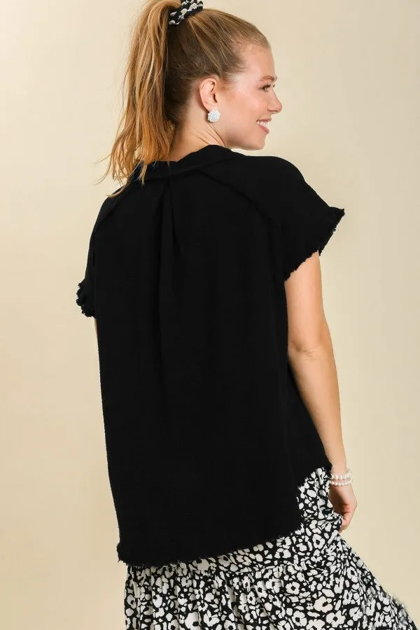 Umgee Short Sleeve Collared Button Up Top with Frayed Hem in Black