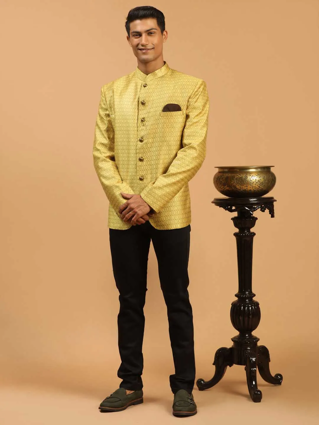VASTRAMAY Men's Yellow Silk Blend Woven Jodhpuri