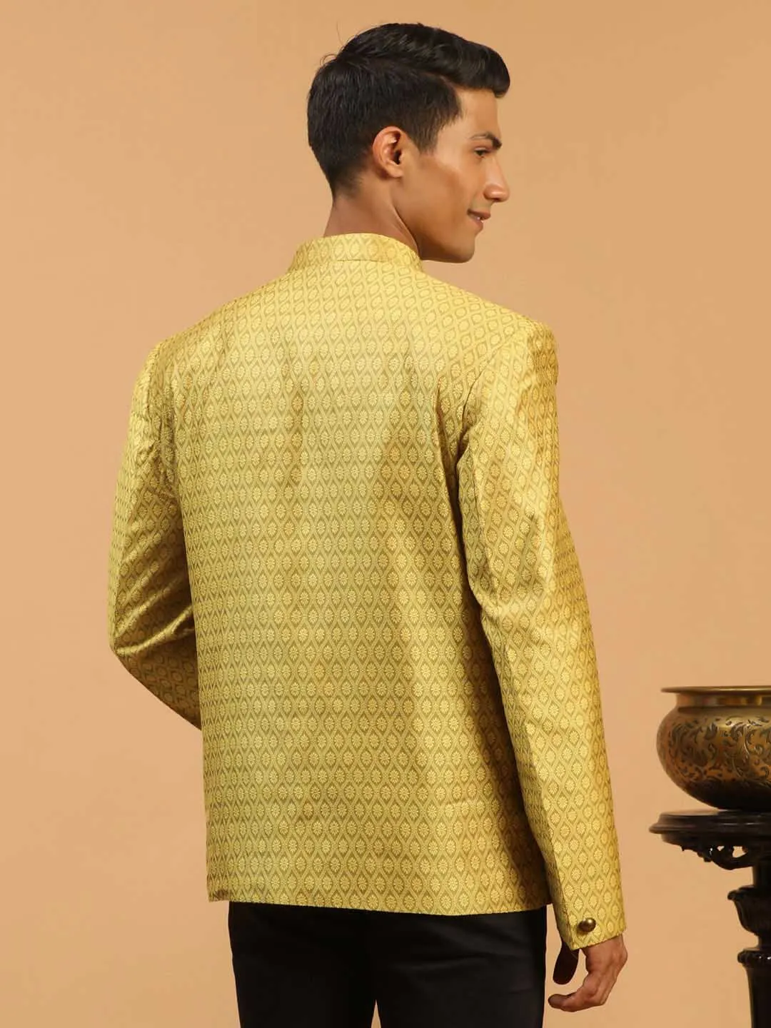 VASTRAMAY Men's Yellow Silk Blend Woven Jodhpuri