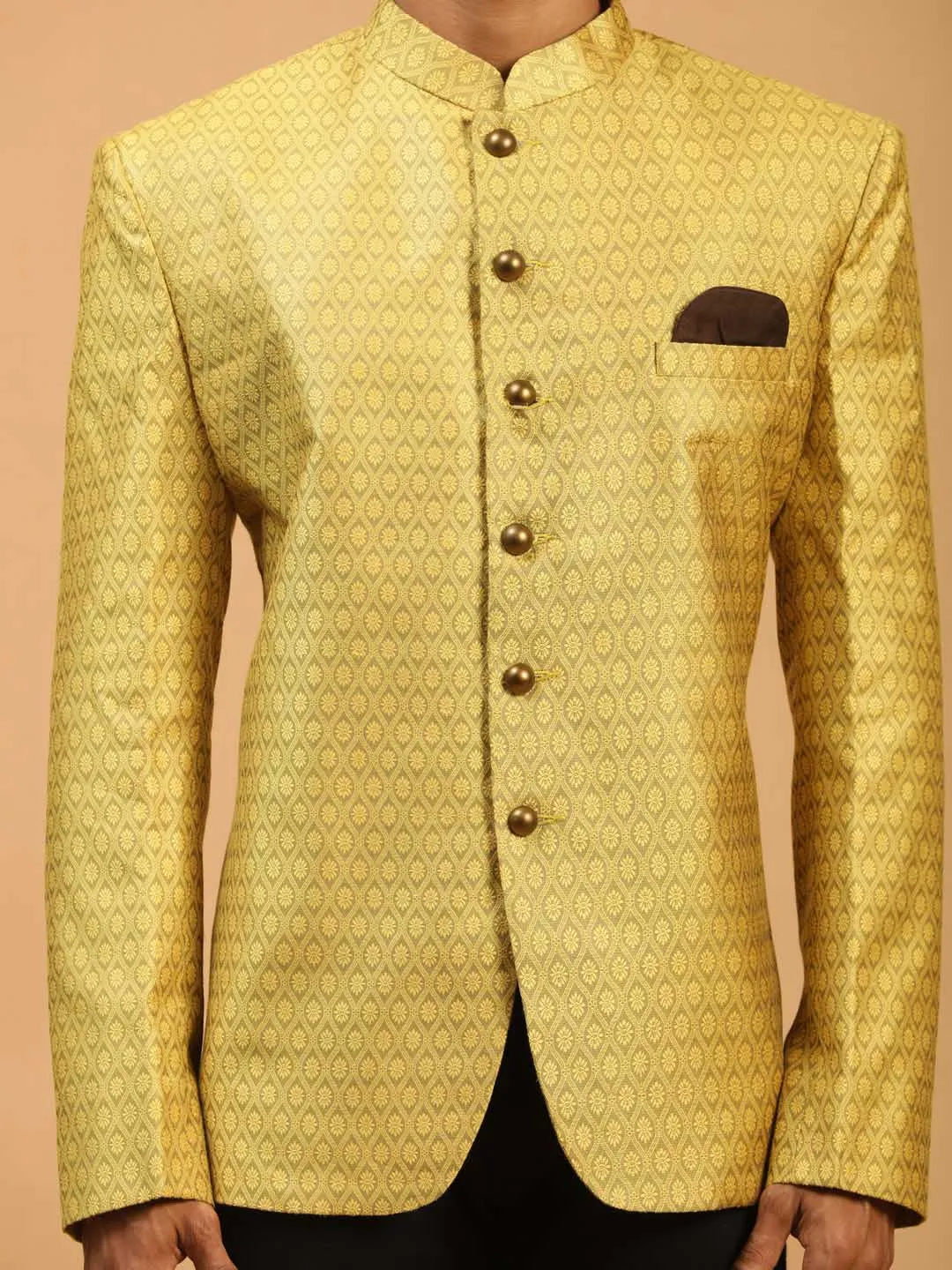 VASTRAMAY Men's Yellow Silk Blend Woven Jodhpuri